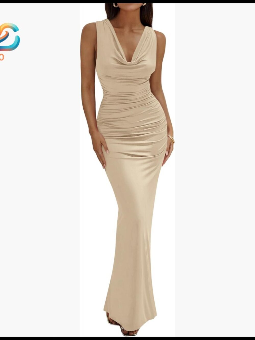 Sleeveless Cowl Neck Ruched Maxi Dress Slim Fit Formal Wedding Guest